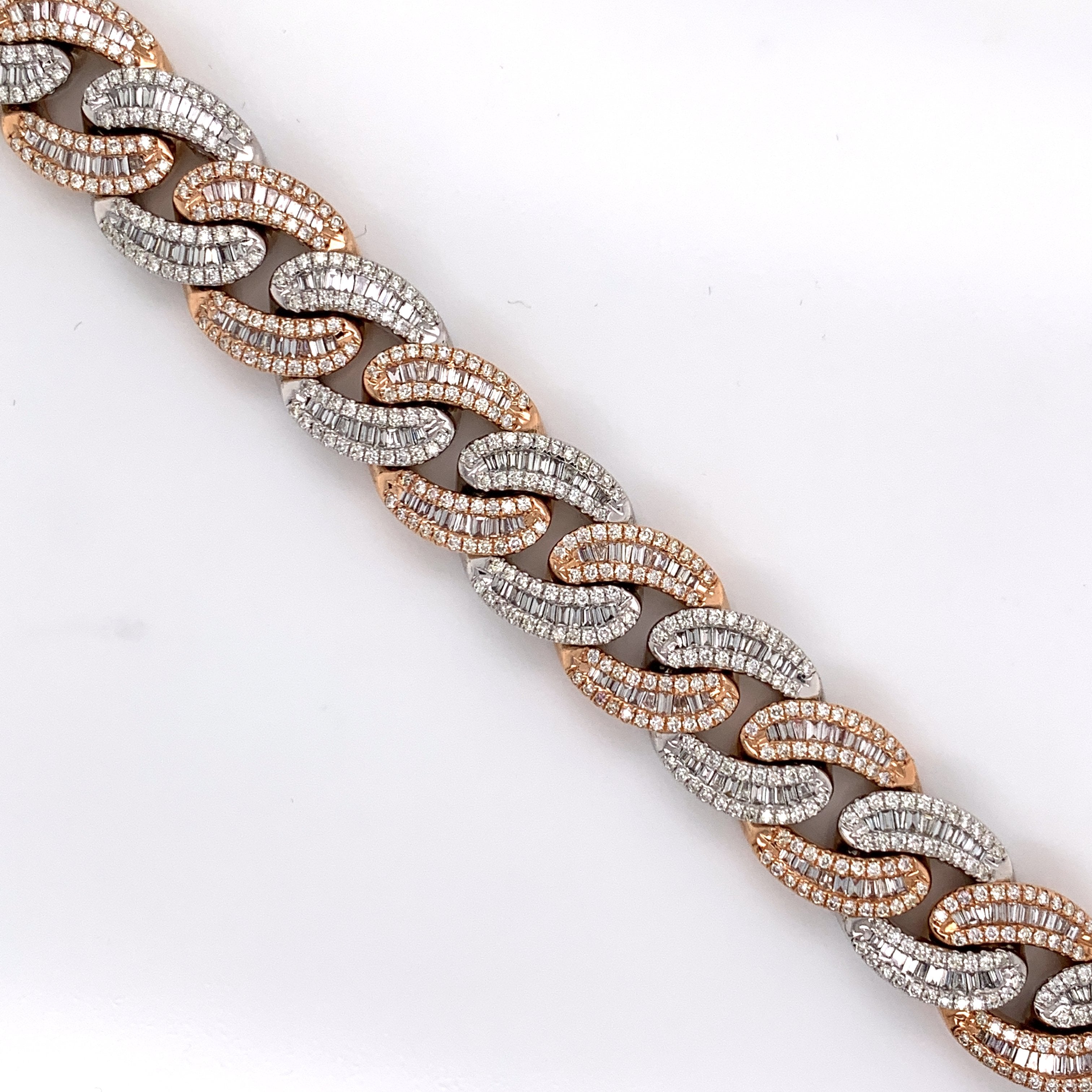 10.29CT Diamond Baguette Cuban Bracelet 14K Rose and White Gold - 15mm - White Carat - USA & Canada