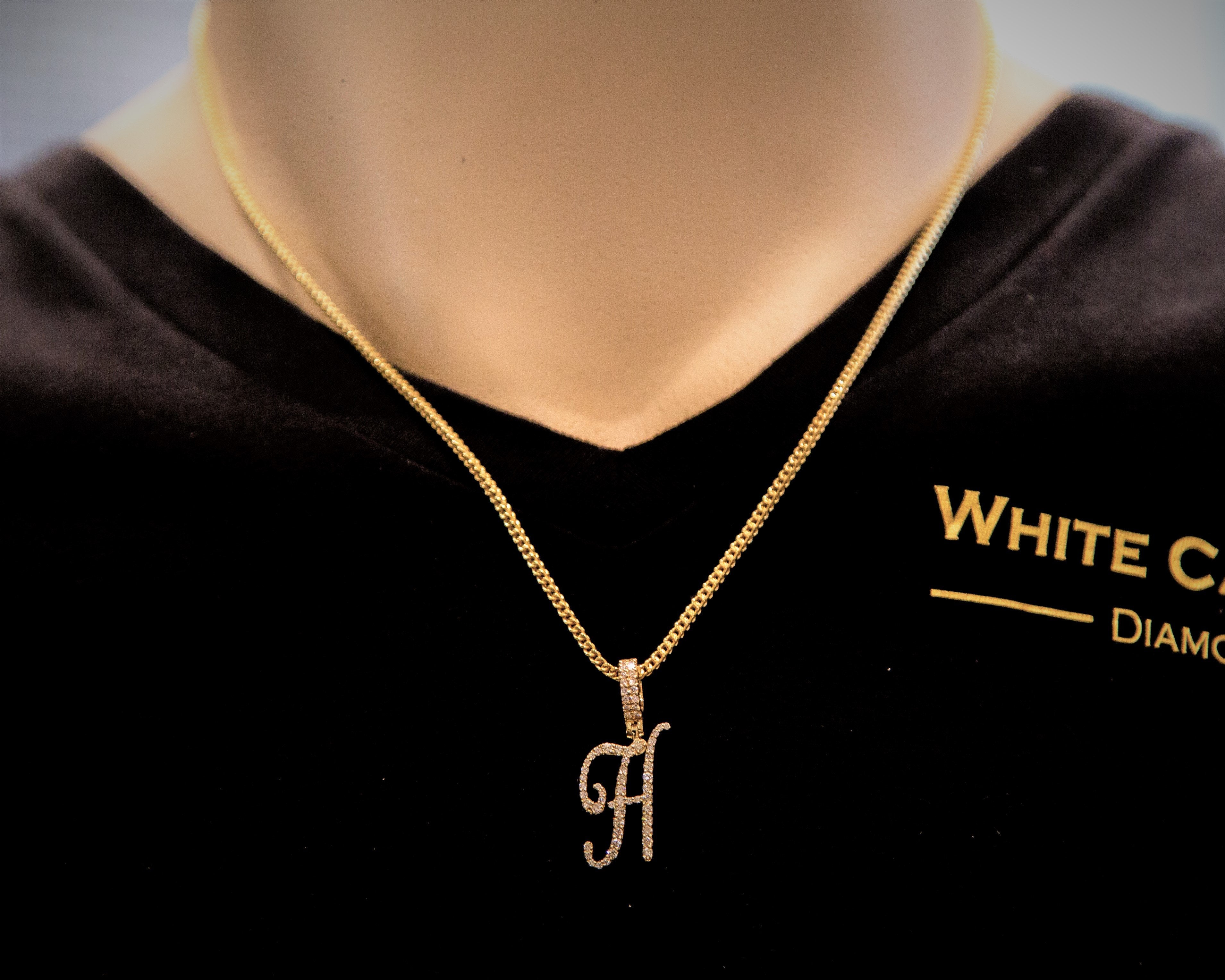 1.00 CT. Diamond Initial "H" Pendant in Gold With Chain - White Carat Diamonds 