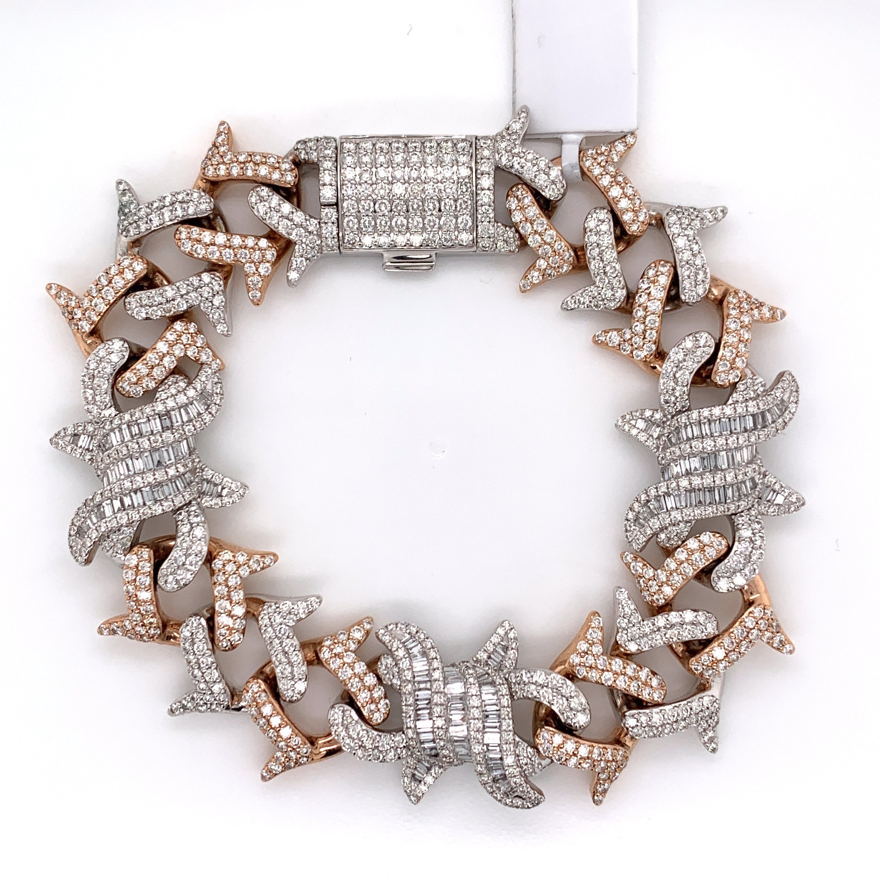 11.00CT Diamond Barbed Wire Bracelet in 14K Rose and White Gold - 13mm - White Carat Diamonds 