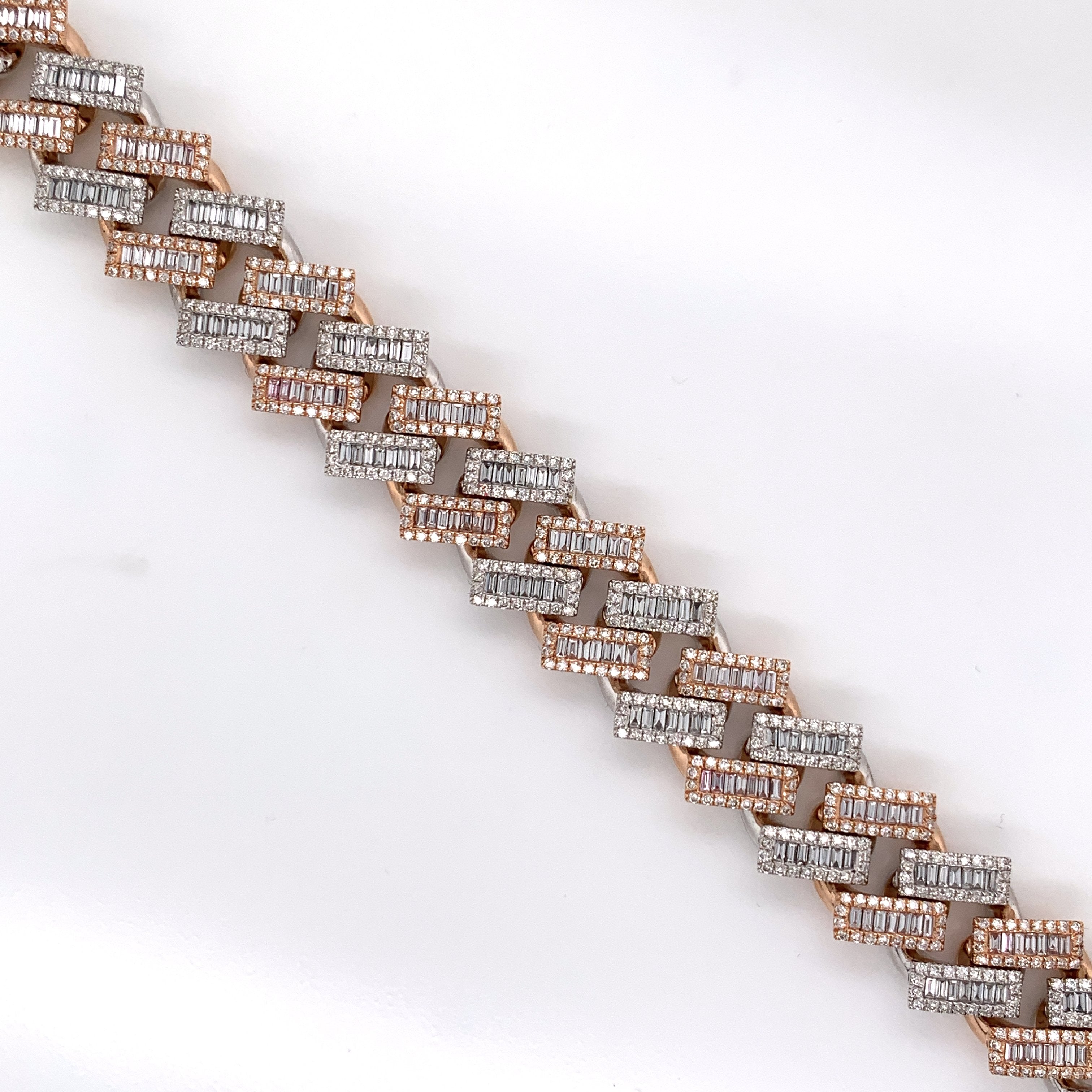 9.05CT Diamond Raised Prong Baguette Cuban Bracelet Rose & White Gold 14K  - 15mm - White Carat - USA & Canada