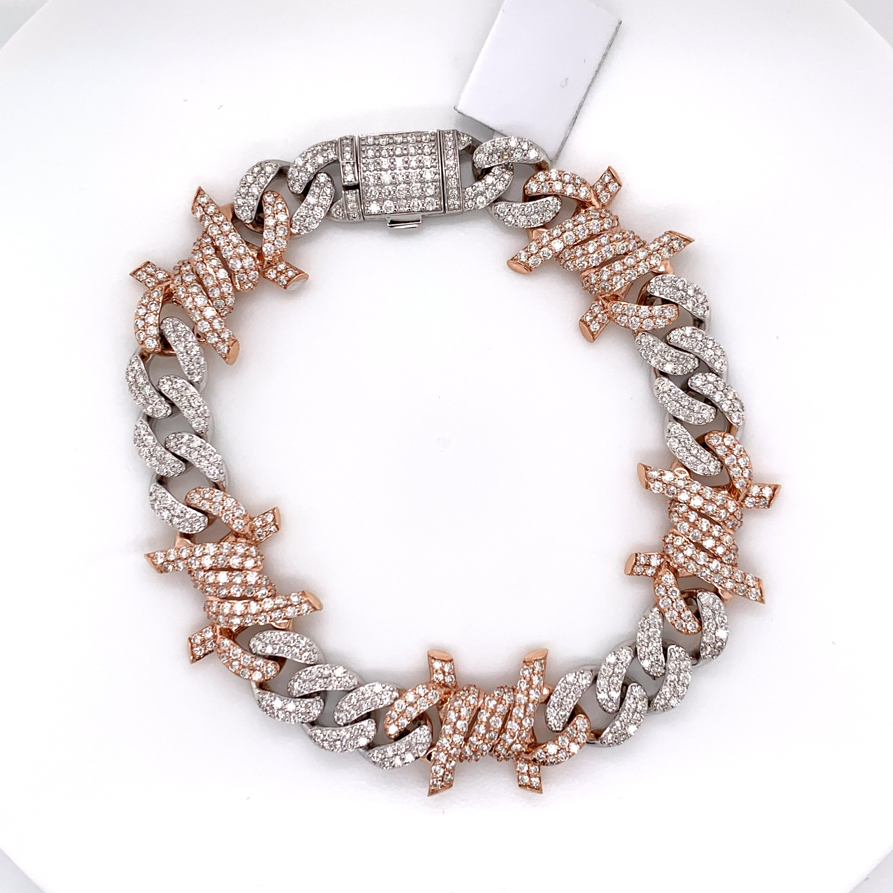 8.44CT Diamond Barbed Wire Cuban Bracelet in 14K Rose and White Gold - 18mm - White Carat Diamonds 